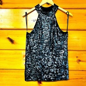Black Lucidity Silk Blend L Sequin Halter Top Blouse Women Belt in Bra Support